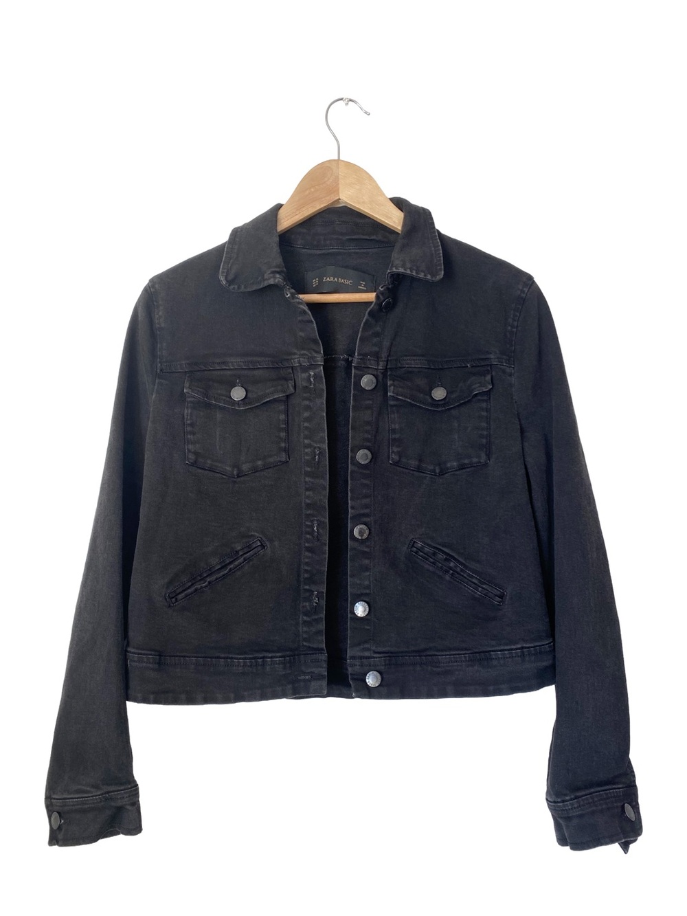 ZARA | Black Denim Slightly Cropped Jacket with Silver Toned Buttons